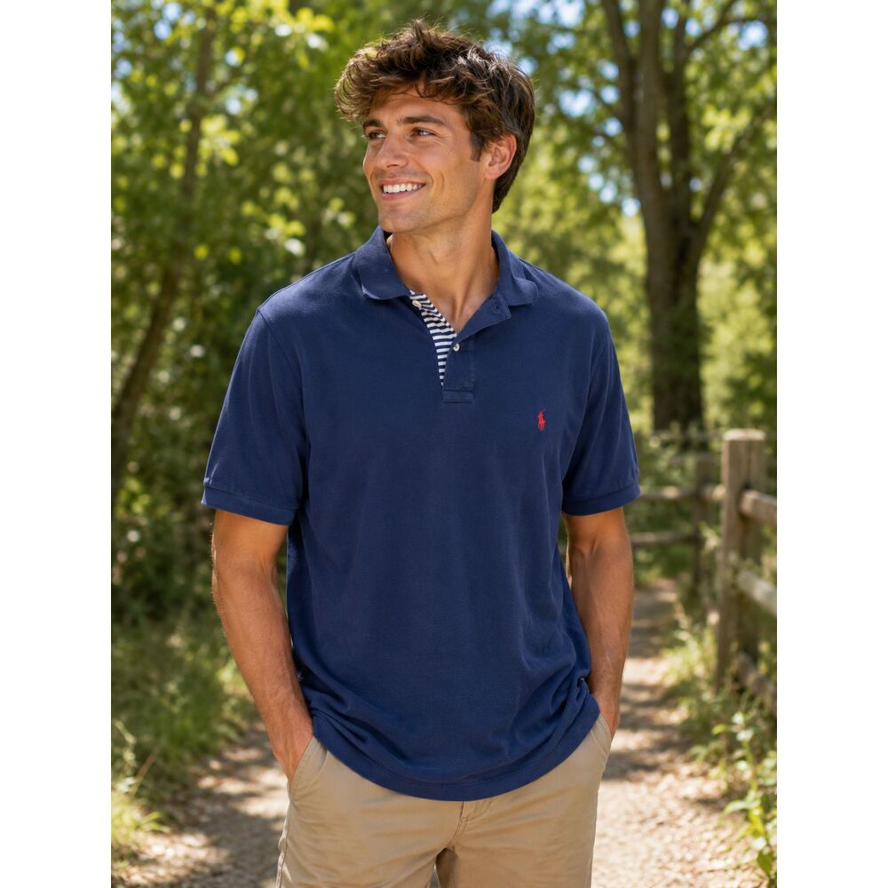 Polo Ralph Lauren Mens Size XL Blue Polo Shirt Striped Placket Red Pony Golf